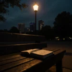 Worn wooden bench holds open leather journal with handwritten pages under flickering streetlamp near Nashville skyline