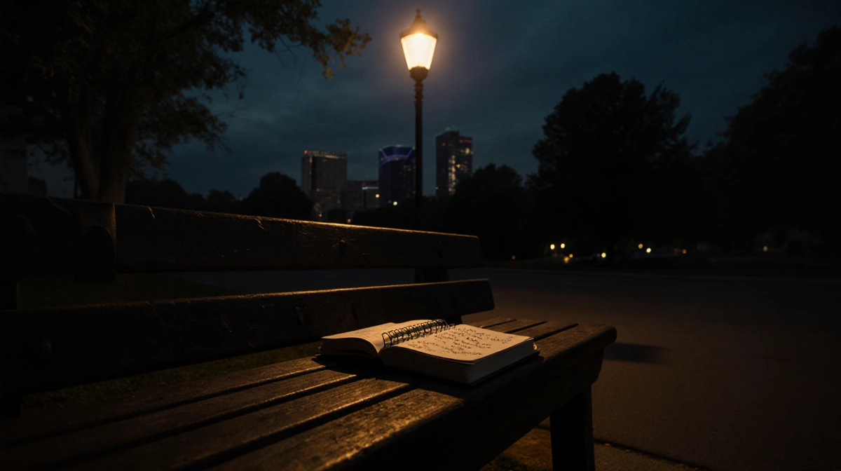 Worn wooden bench holds open leather journal with handwritten pages under flickering streetlamp near Nashville skyline