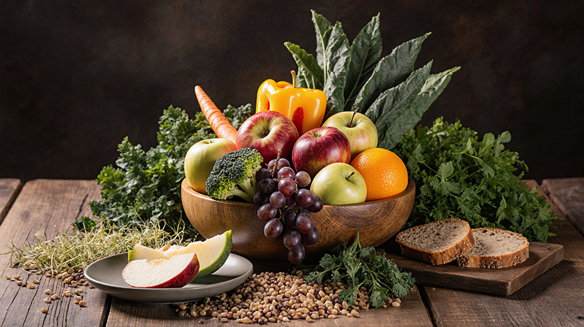 Wooden bowl overflowing with fresh fruits and vegetables with lush herbs and grains on rustic table.