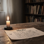 Candle illuminates a desk showing a Wordle puzzle grid with letters U and S and a bookshelf of vintage dictionaries behind.