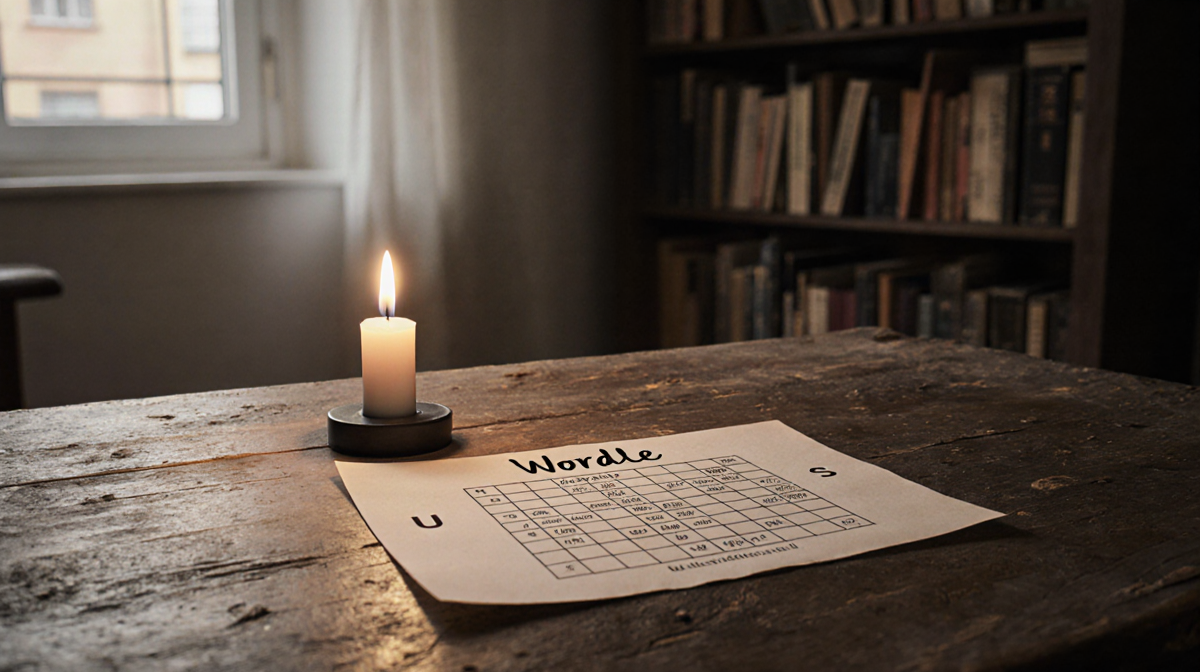 Candle illuminates a desk showing a Wordle puzzle grid with letters U and S and a bookshelf of vintage dictionaries behind.