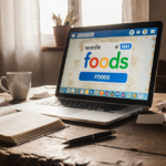 Worn wooden desk displays puzzle book and laptop with Wordle answer FOODS and coffee cups nearby