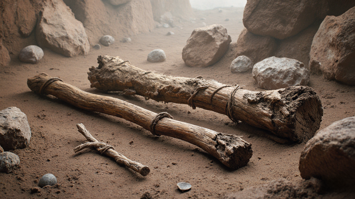 Wooden digging stick lying beside a willow fragment with worn edges and archaeological fossils against ancient earth