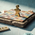 Golden puzzle piece glows on worn wooden board with scattered Wordle tiles and soft warm light.