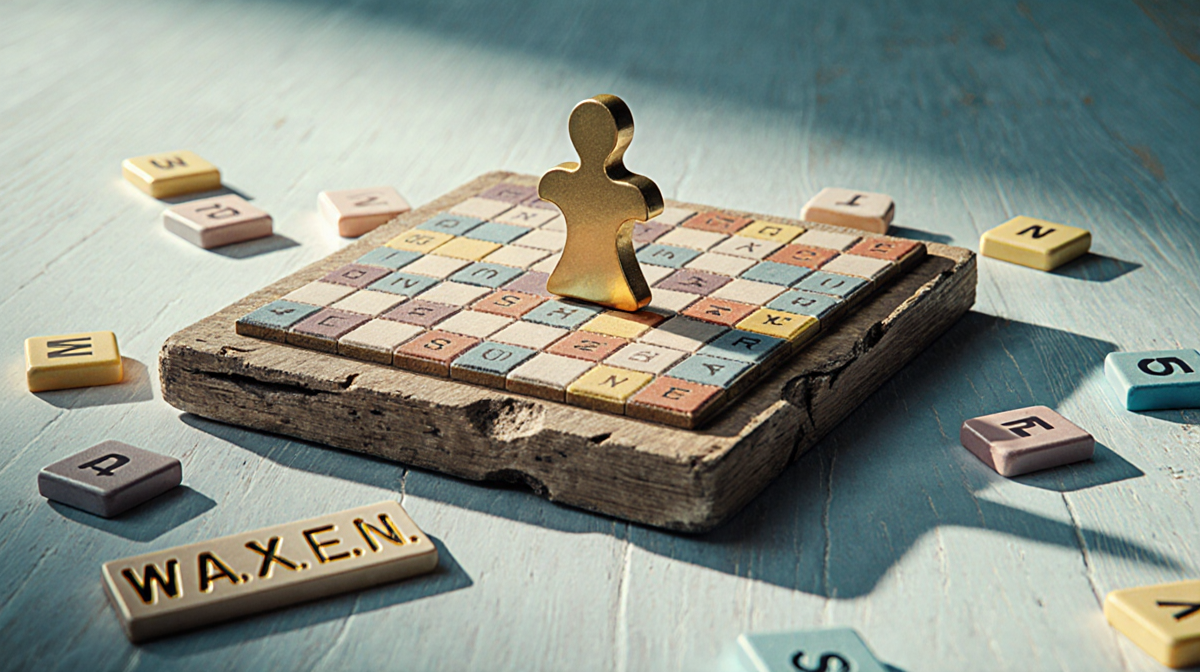 Golden puzzle piece glows on worn wooden board with scattered Wordle tiles and soft warm light.