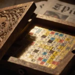 Worn wooden puzzle box opens revealing colorful numbered tiles with warm golden light and newspaper date in background