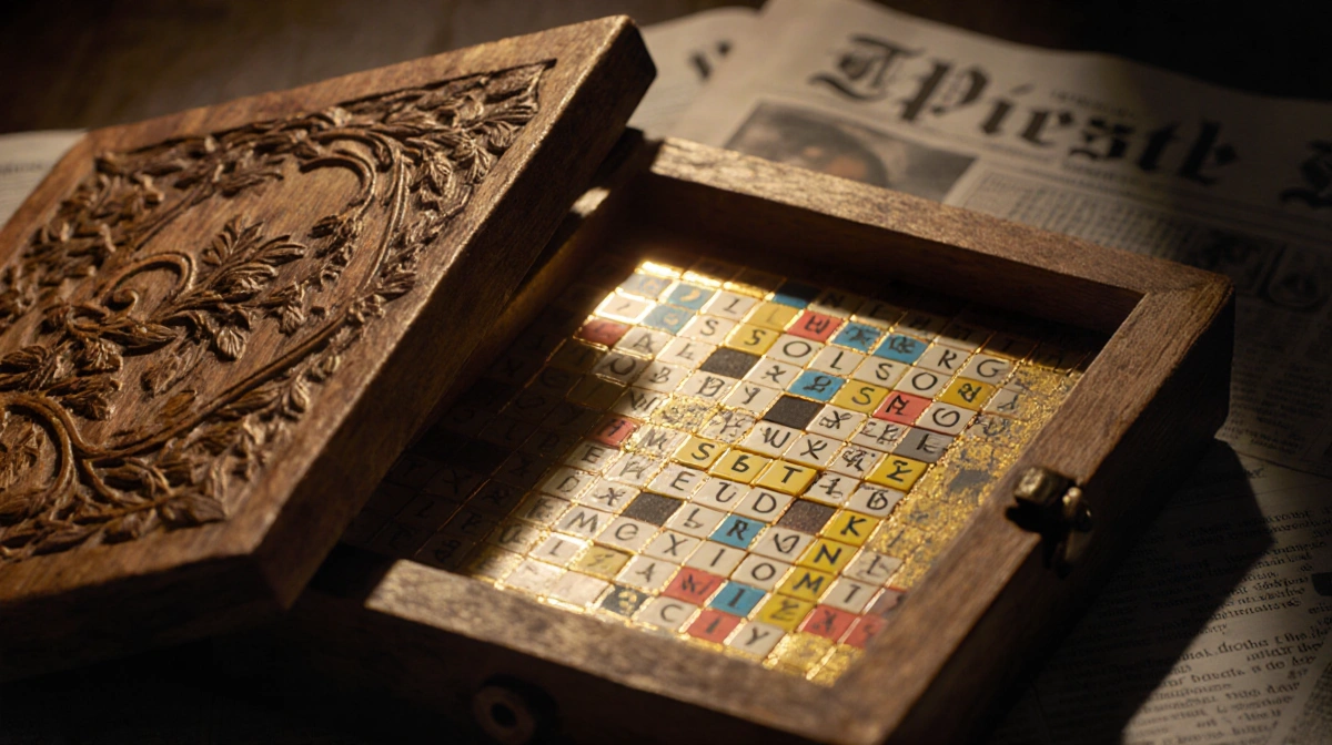 Worn wooden puzzle box opens revealing colorful numbered tiles with warm golden light and newspaper date in background