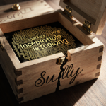 Worn wooden puzzle box opens with a subtle crack and carved word SULLY revealing golden light and blurred Wordle grid