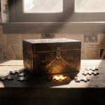 Golden puzzle box glows with warm light and scattered pieces on a rustic wooden table