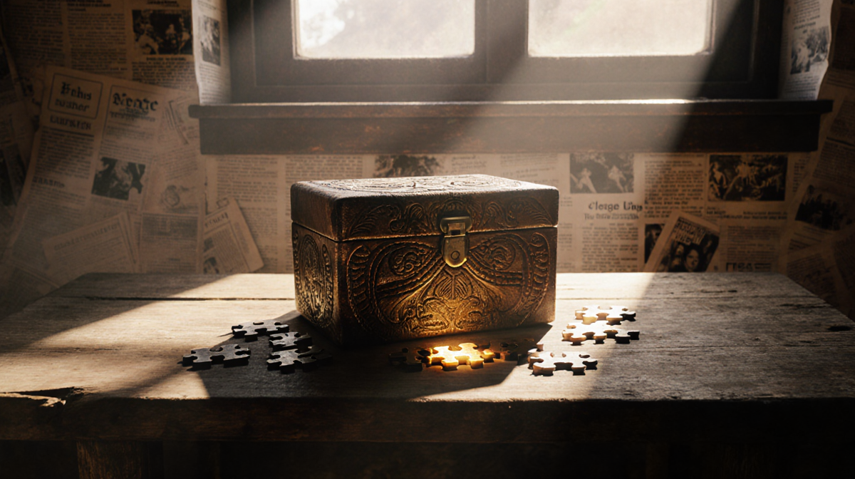 Golden puzzle box glows with warm light and scattered pieces on a rustic wooden table