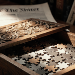 Puzzle box opening to reveal gray and brown jigsaw pieces with light illuminating wood grain and blurred bookshelf background
