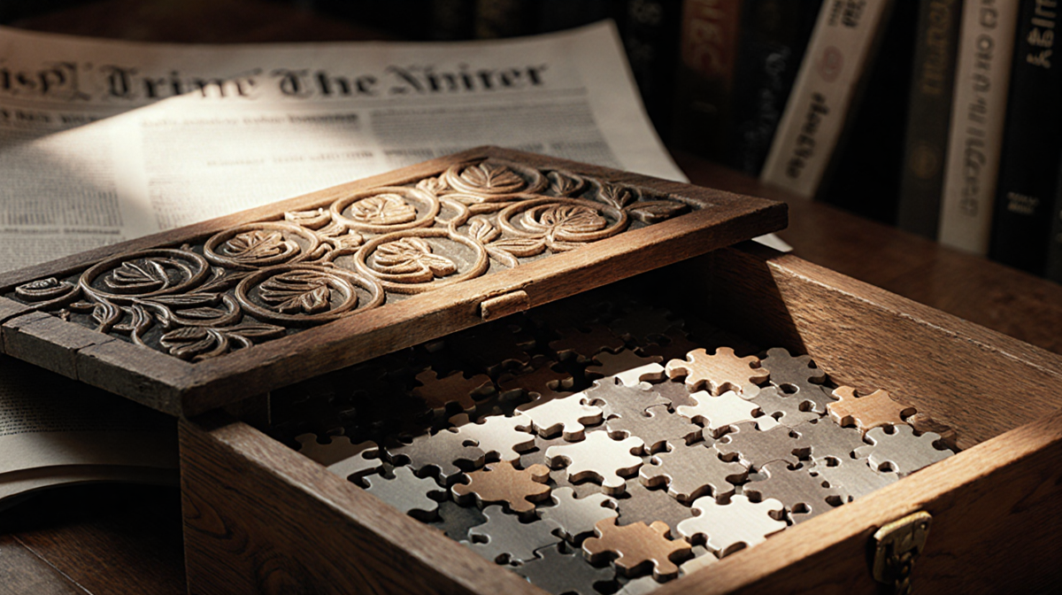 Puzzle box opening to reveal gray and brown jigsaw pieces with light illuminating wood grain and blurred bookshelf background