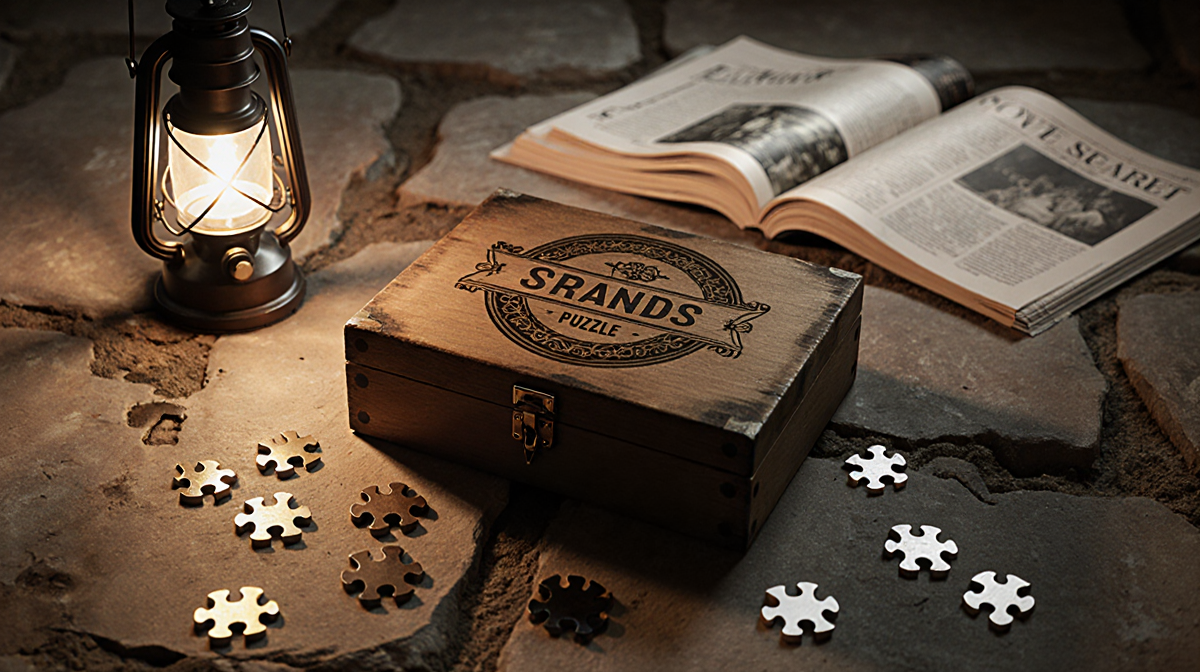 Worn wooden puzzle box opening with scattered pieces around it under warm lantern glow on stone floor