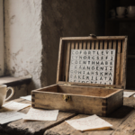 Puzzle box showing Wordle board slats with clues scribbled on notes and coffee cups nearby