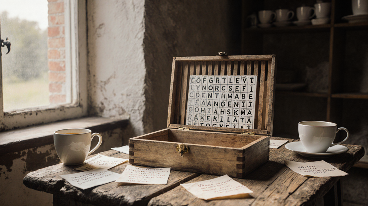 Puzzle box showing Wordle board slats with clues scribbled on notes and coffee cups nearby