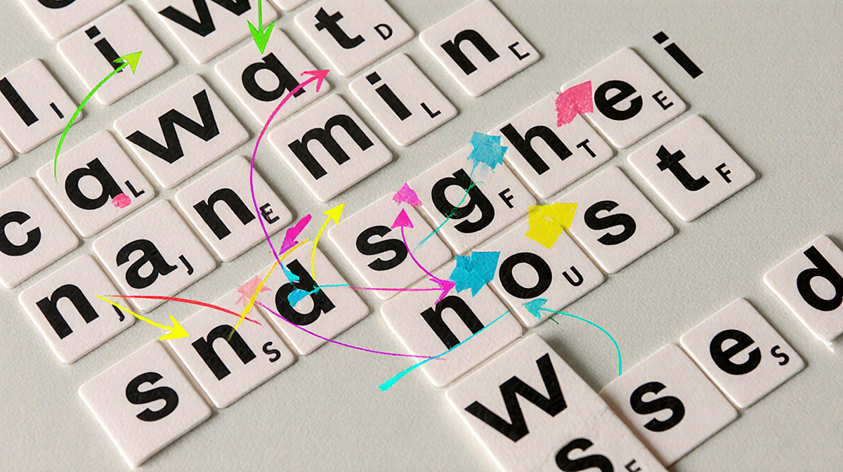 Letter grid revealing hidden words with colored highlights and connecting arrows to show puzzle theme