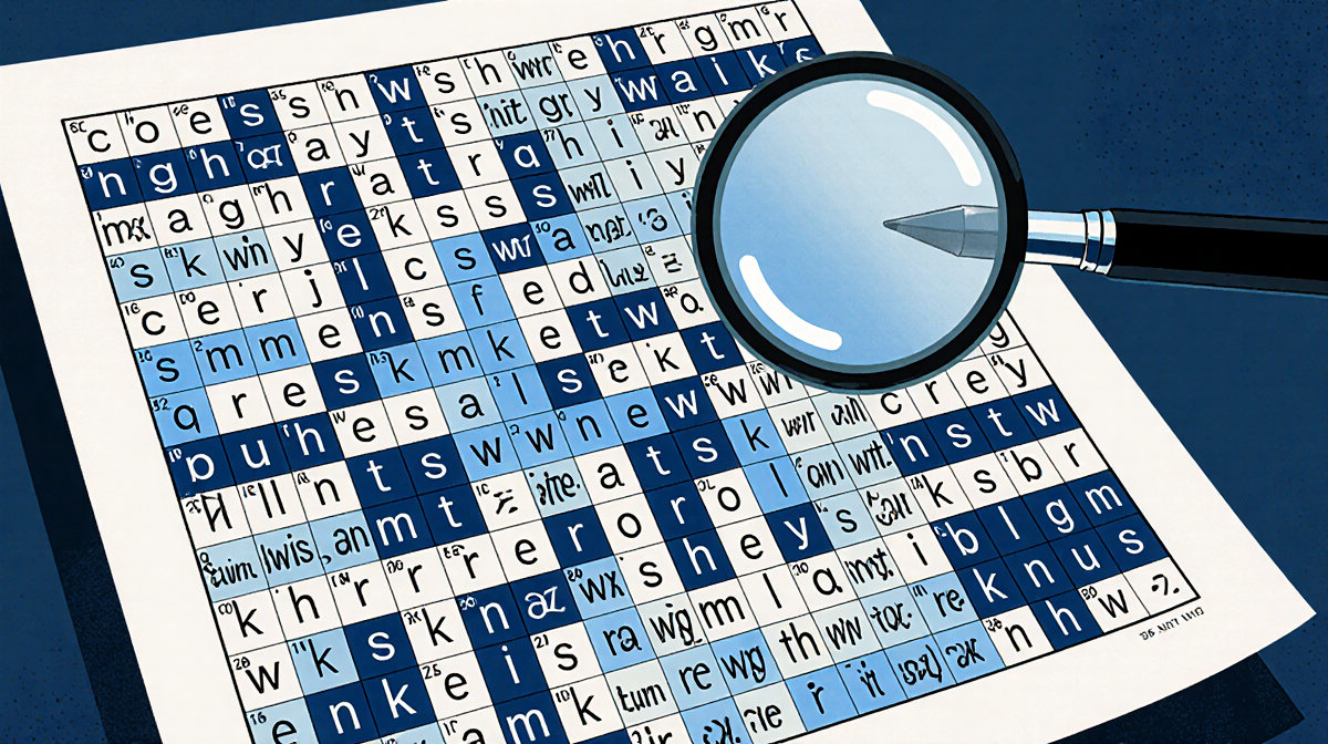 Word search puzzle displaying a grid of hidden words with a blue gradient reveal and a magnifying glass near a word