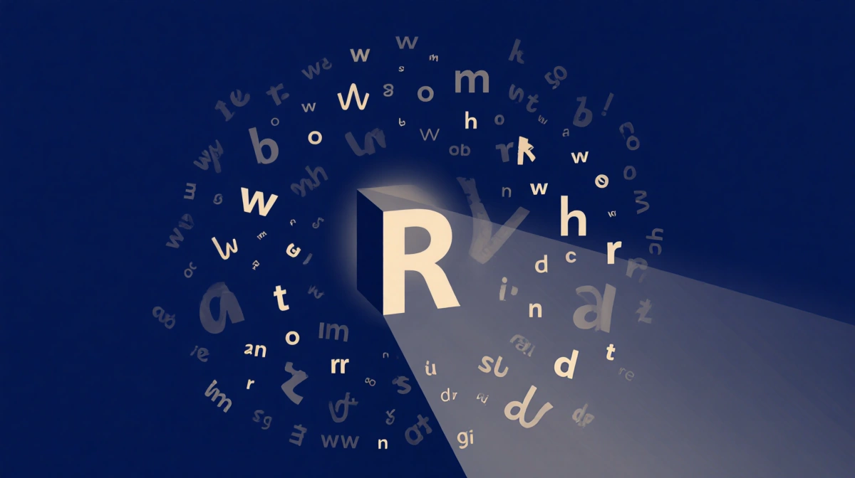 Illuminated letter T glows on dark blue background with swirling word fragments and gradient shadow showing Wordle answer rev