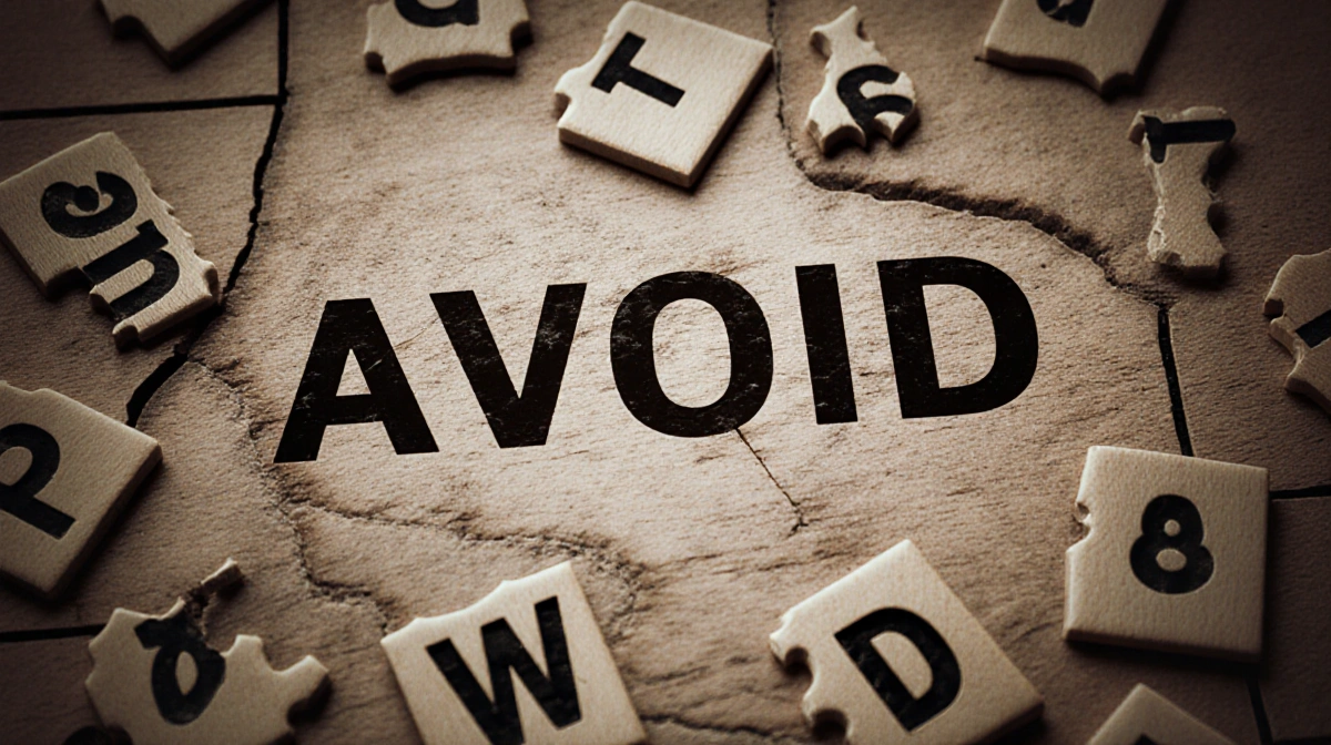 Wordle answer AVOID on scratched wooden puzzle board with scattered letters showing past attempts