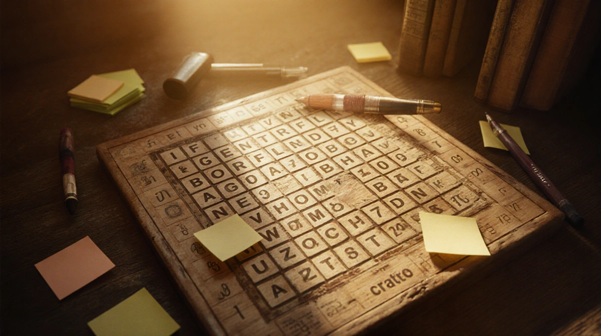 Worn wooden Wordle board shows faded letters with yesterday