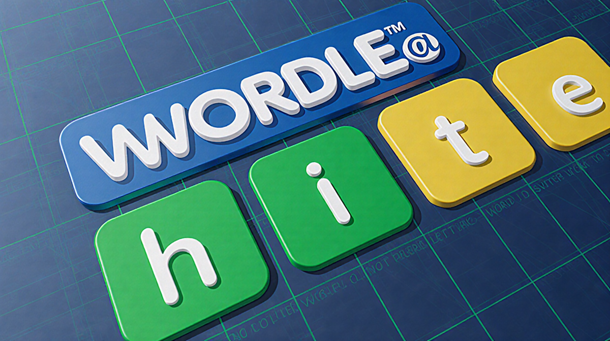 Wordle hint board shows five colorful tiles with green and yellow colors and a subtle grid.