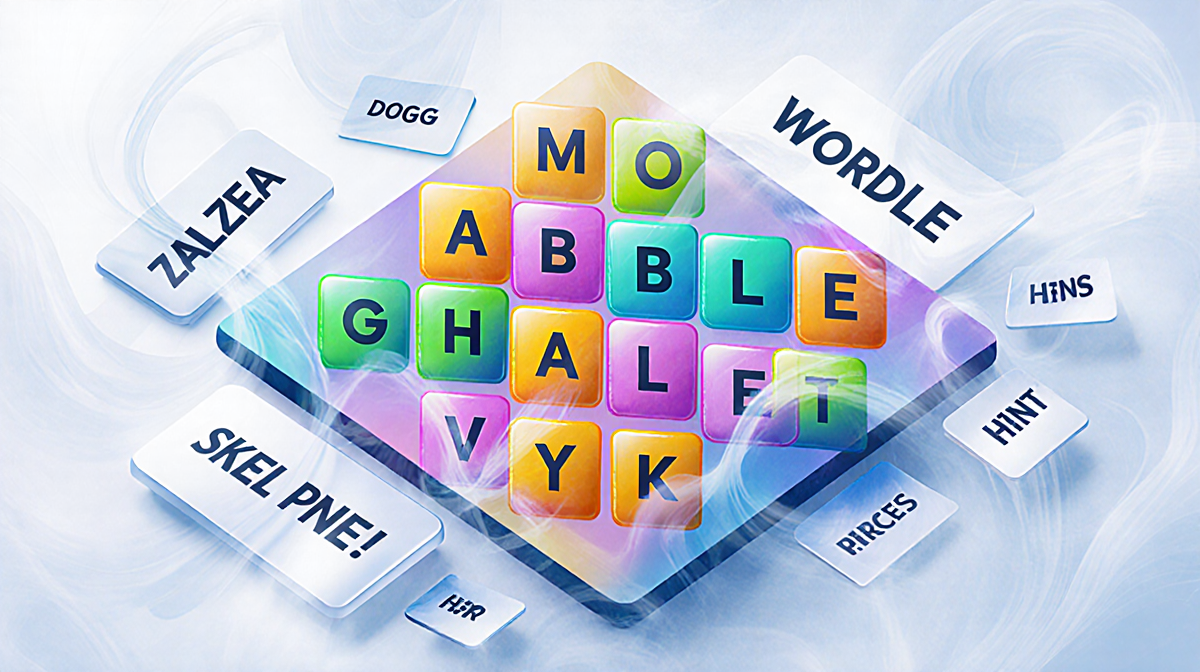 Puzzle board reveals Wordle letters with subtle gradient tiles and swirling fog hints scattered nearby