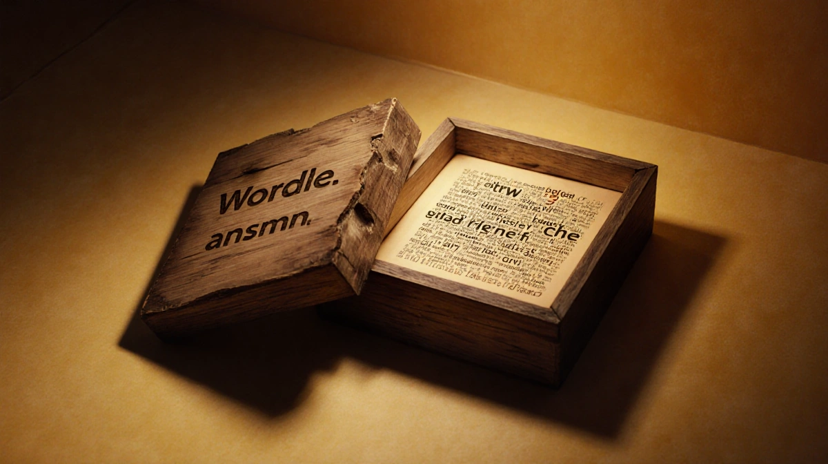 Worn wooden puzzle box with Wordle grid glows with warm light and shows answer inside