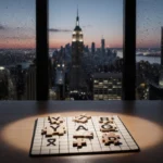 Person solving Wordle puzzle with wooden letter tiles under desk lamp and NYC skyline through window at dusk