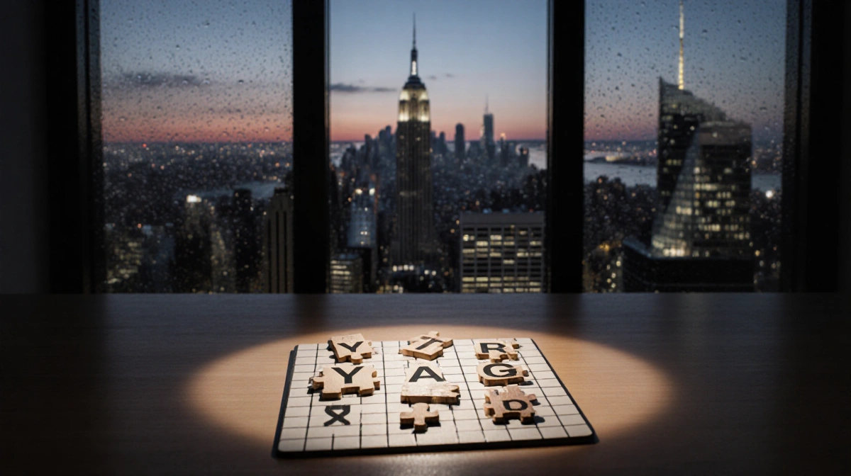 Person solving Wordle puzzle with wooden letter tiles under desk lamp and NYC skyline through window at dusk