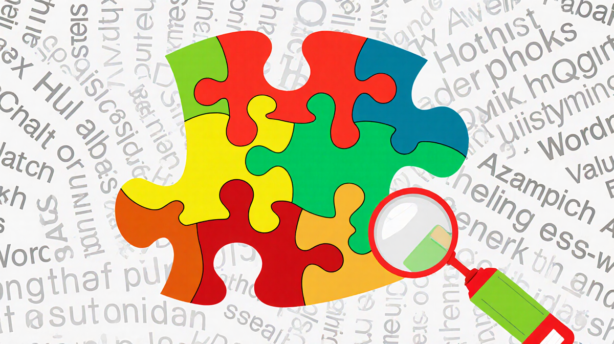 Puzzle piece showcases colored sections with green highlights and a grid background of letters from previous Wordle hints.