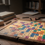Wooden puzzle board displays lit Wordle grid with colorful tiles and letters and warm lighting in a study background
