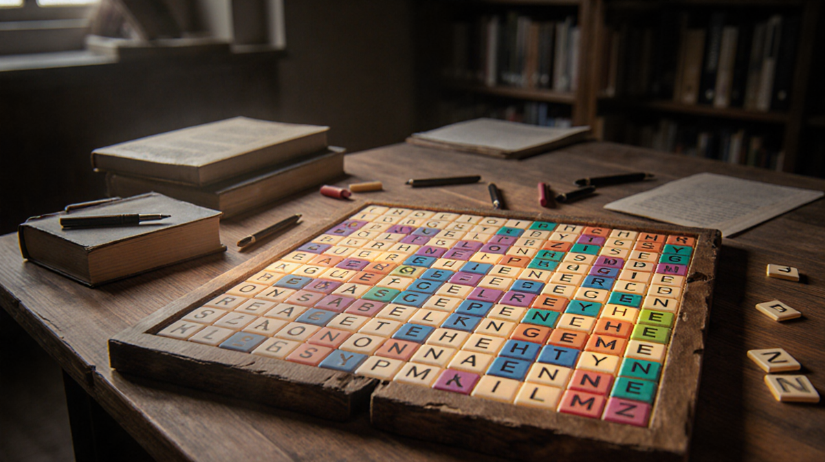 Wooden puzzle board displays lit Wordle grid with colorful tiles and letters and warm lighting in a study background