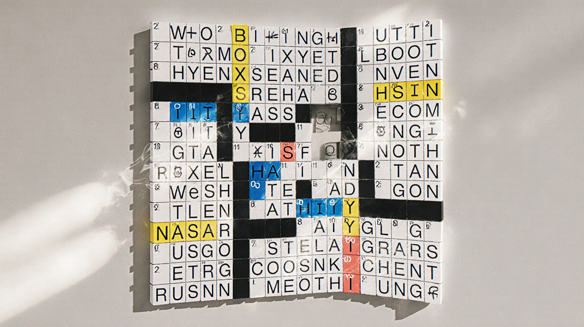 Word puzzle grid showing partially solved 32 words and colored theme hints at corners