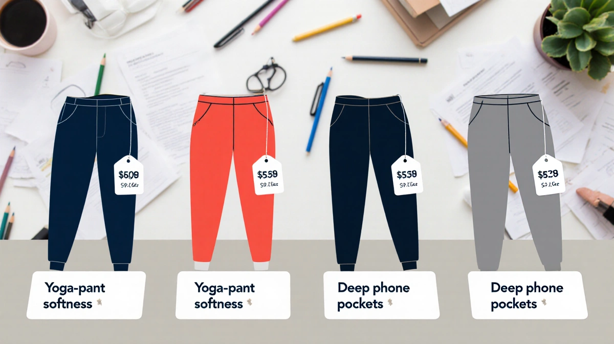 Organized table displays four rows of work pants with price tags and descriptions against blurred office background