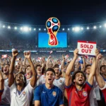 Diverse football fans wearing team jerseys cheer at night World Cup game with sold out signs and stadium lights