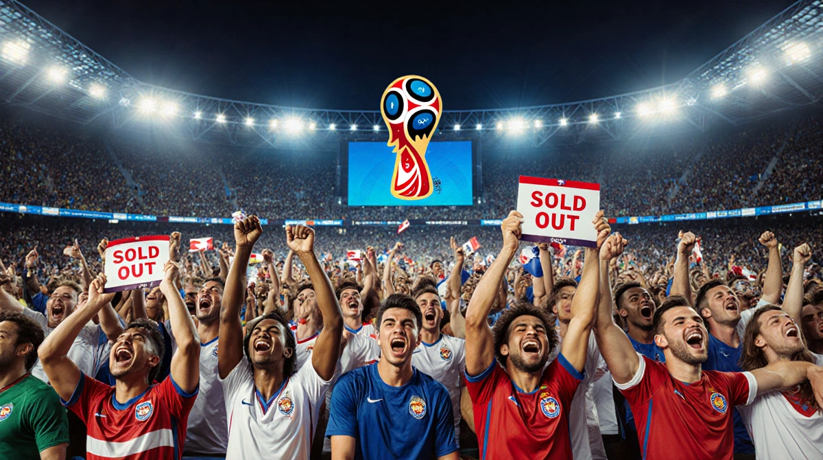 Diverse football fans wearing team jerseys cheer at night World Cup game with sold out signs and stadium lights
