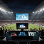Stadium lights illuminate the FIFA World Cup arena with giant screen showing logo and esports gaming setup in foreground
