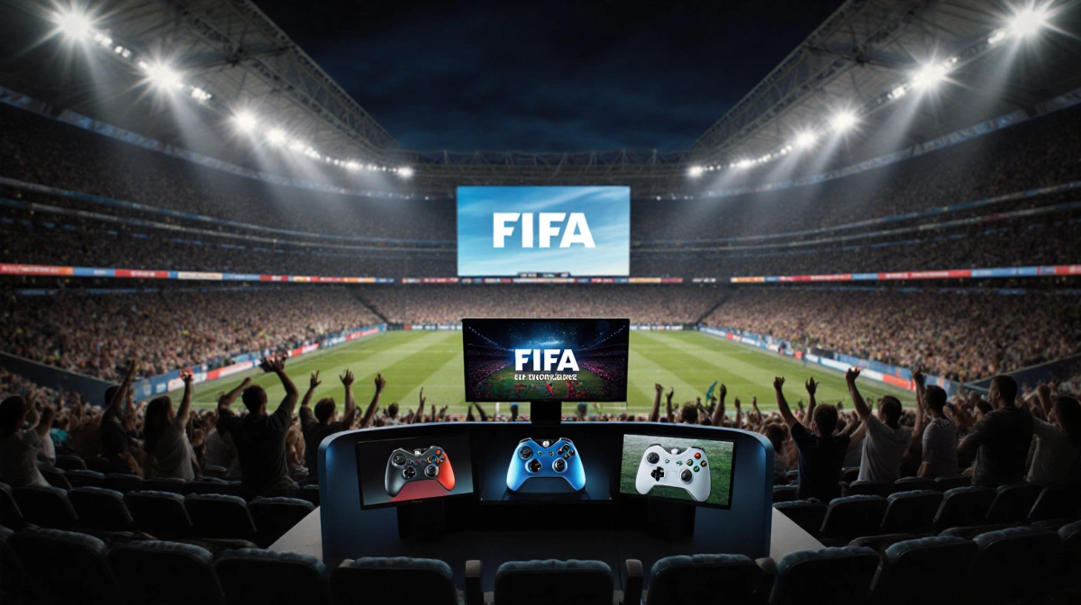 Stadium lights illuminate the FIFA World Cup arena with giant screen showing logo and esports gaming setup in foreground