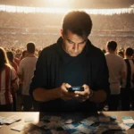 Frustrated fan checks phone showing sold out message with scattered tickets and crowded stadium behind