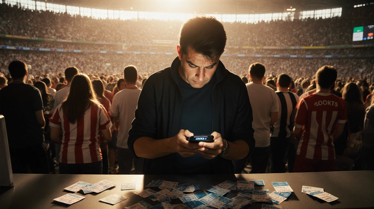Frustrated fan checks phone showing sold out message with scattered tickets and crowded stadium behind