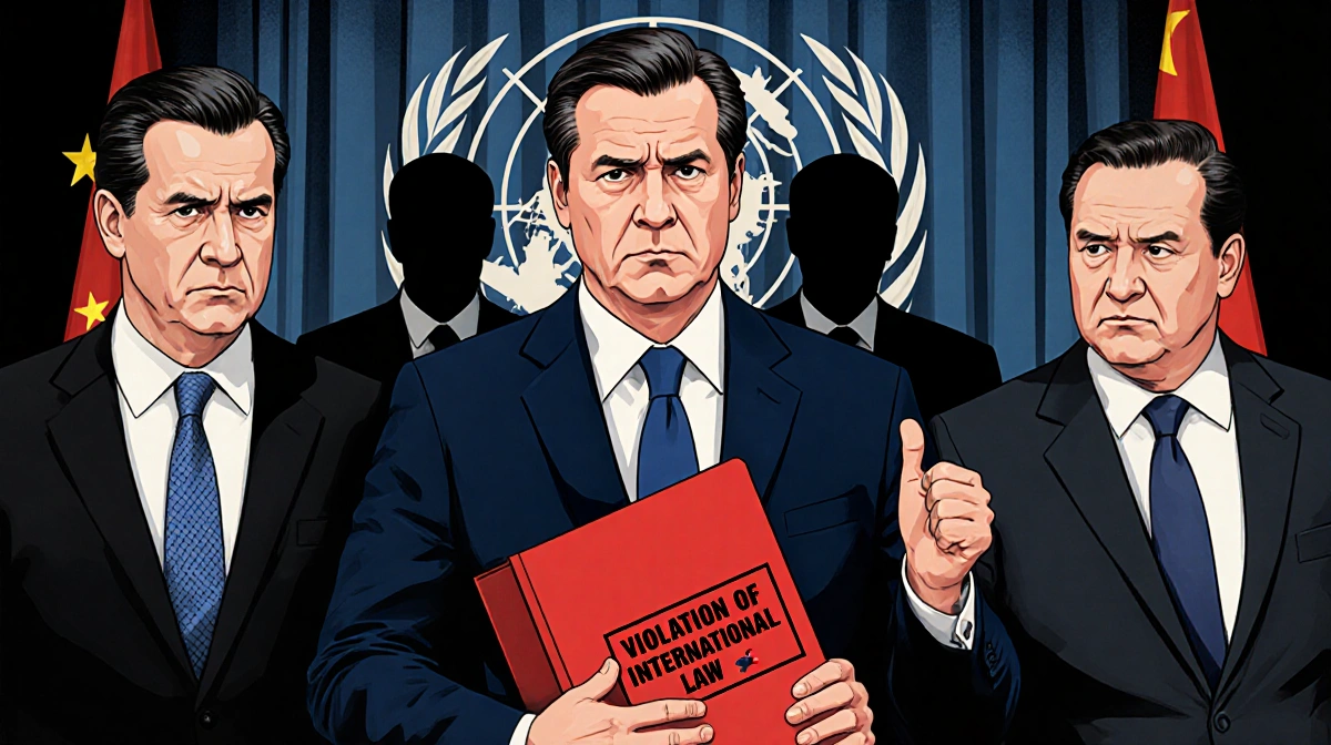 World leaders stand before UN backdrop with red folder stamped Violation of International Law and China and Russia behind.