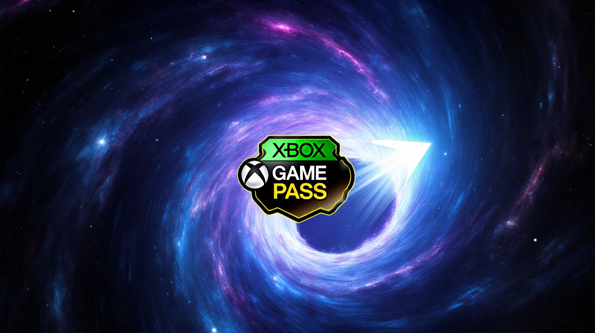 Swirling wormhole vortex glows with Xbox Game Pass arrow pointing toward adventure beyond the galaxy