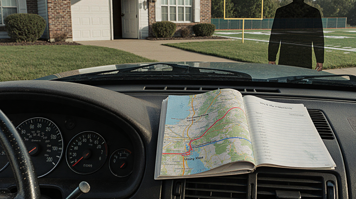 Worn-out car parked near a suburban home with a mileage log showing a 900-mile journey and a football field in the distance