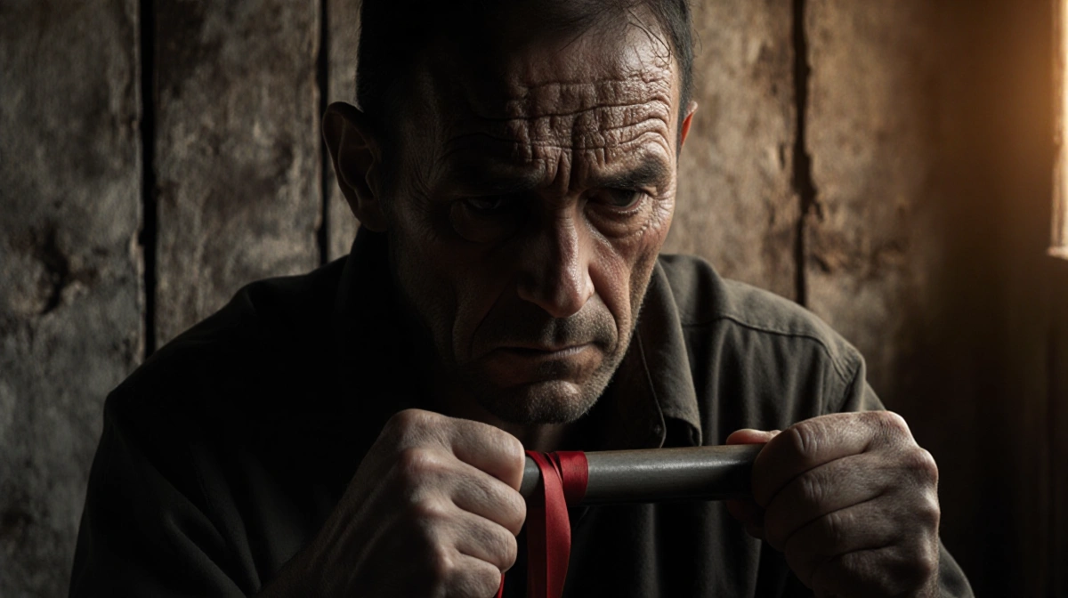 Weathered man looking down holding a crutch with crimson ribbon against dim background with golden glow