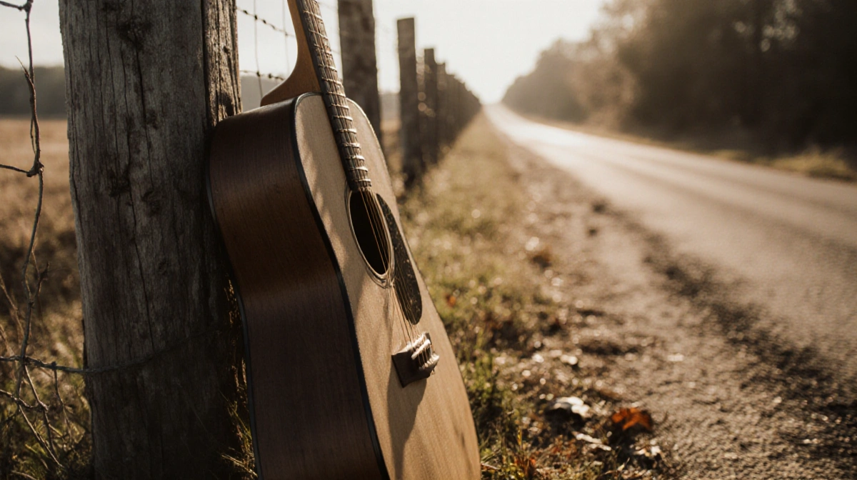 Worn wooden guitar leans against weathered fencepost with soft sunlight casting long shadows and distant road stretching behi