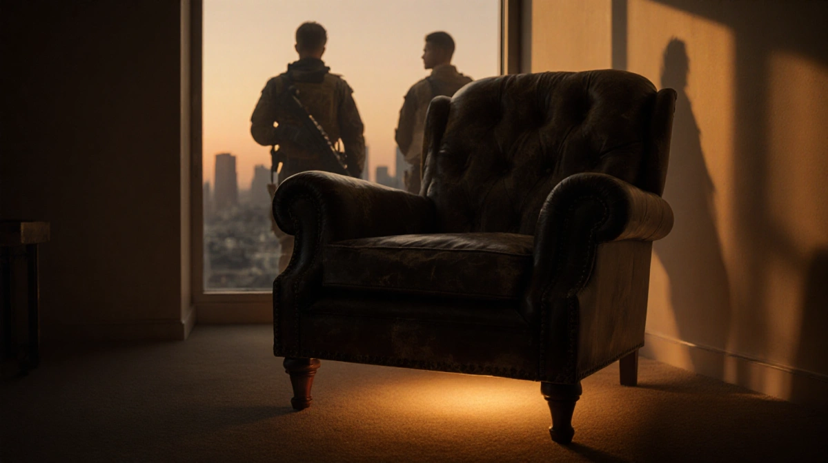 Worn leather armchair glows beneath with sunset cityscape behind and team silhouettes showing through window