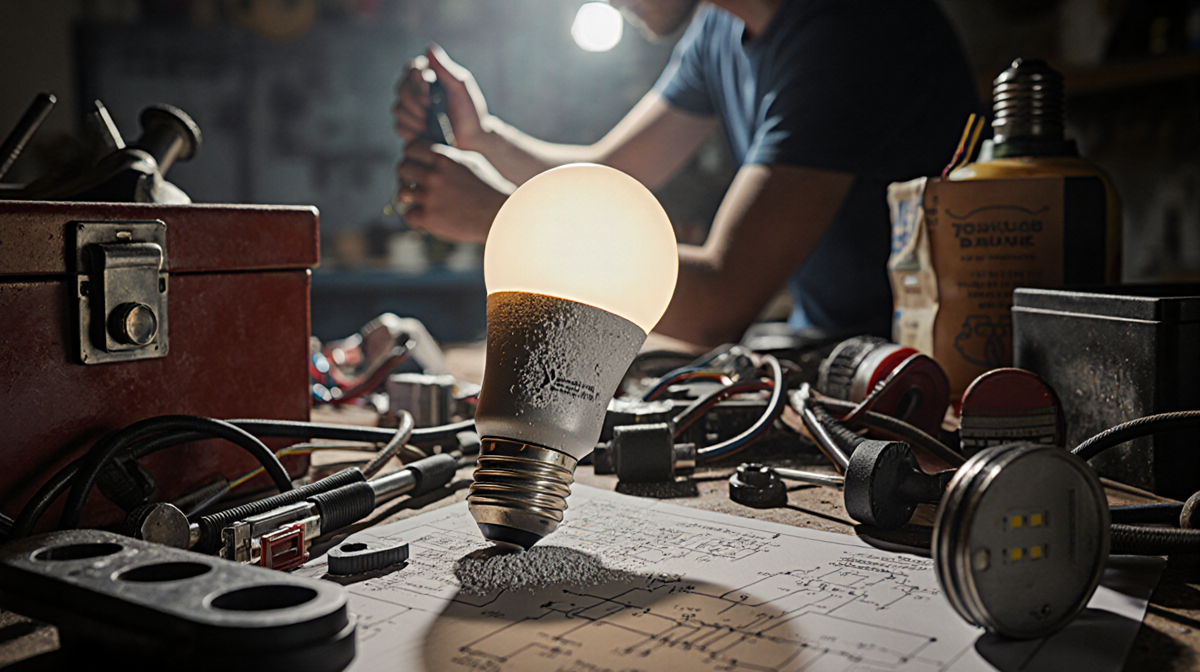 Worn LED bulb glowing dimly on cluttered workbench with dusty surface while a person fixes another bulb in background.