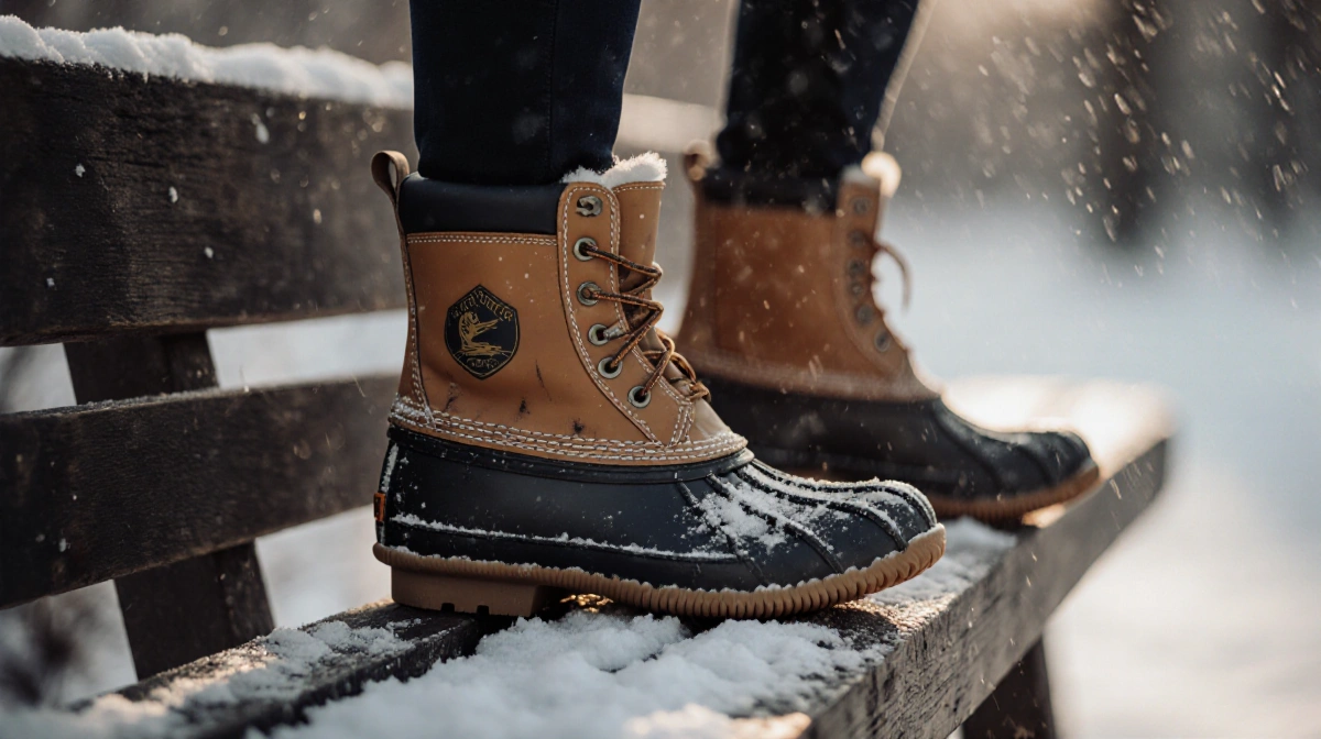 Worn waterproof duck boot rests on snowy bench with scratches and warm light