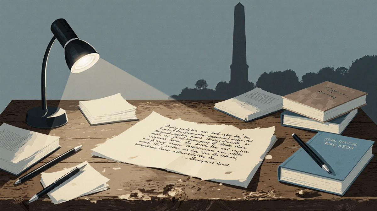 Worn wooden desk displays scattered pages and pens with a penlight illuminating a handwritten quote near a memorial outline.