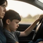 Boy sits beside unconscious mother in car with hand on gas pedal and sunlight streaming through window